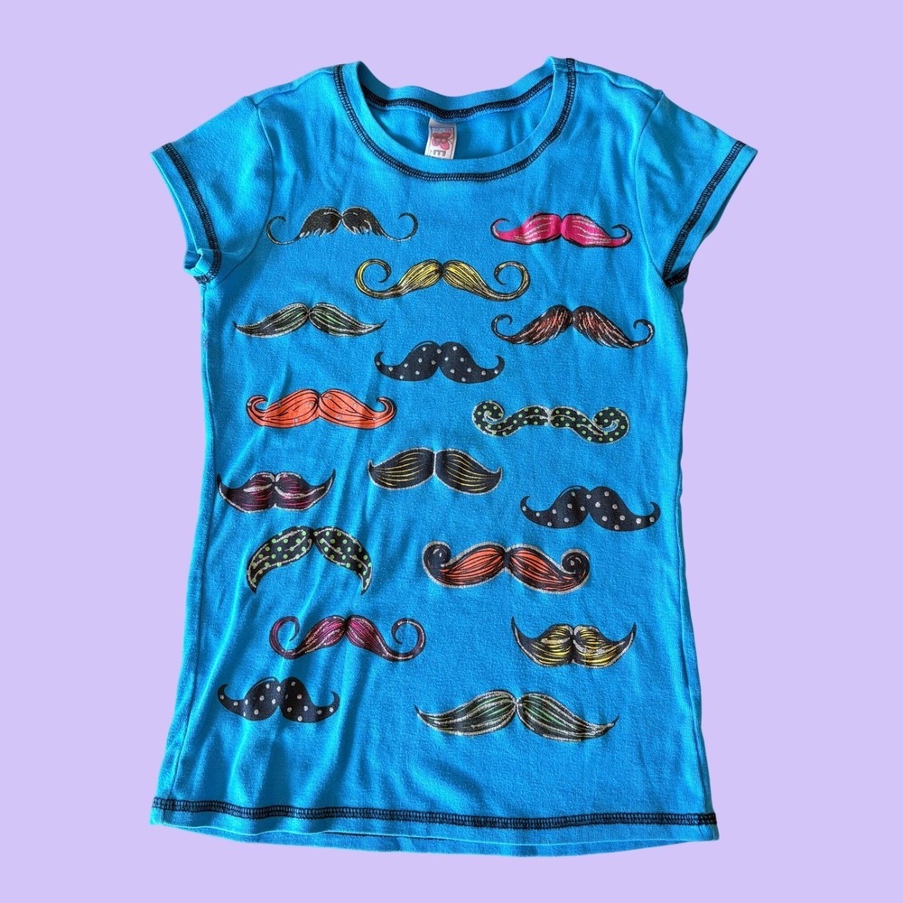 Y2K Beautees Mustache Graphic Baby Tee Short Sleeve Glitter Accents Scene #17